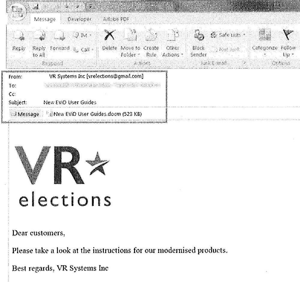 Email screenshot claiming to be from VR Systems Inc with subject "New EViD User Guides" containing a 523 KB .docm attachment